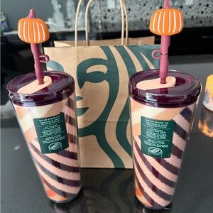 Starbucks Peach and Plum Striped Tumbler with Plum Lid